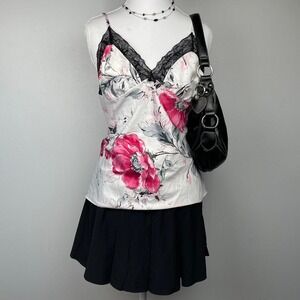 Y2K Coquette Floral Lace Satin Cami in Pink + Black Romantic Women's Size Medium